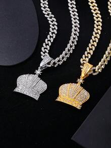 1pc Hip-Hop Style Rhinestone Inlaid King Crown Pendant Necklace, Stainless Steel Vintage Crown Style Jewelry - Multicolor - View 2