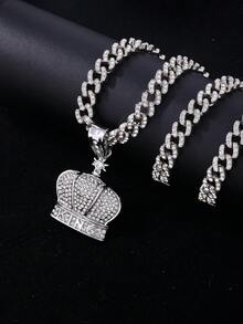 1pc Hip-Hop Style Rhinestone Inlaid King Crown Pendant Necklace, Stainless Steel Vintage Crown Style Jewelry - Multicolor - View 6