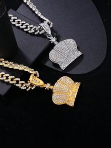 1pc Hip-Hop Style Rhinestone Inlaid King Crown Pendant Necklace, Stainless Steel Vintage Crown Style Jewelry - Multicolor - View 1