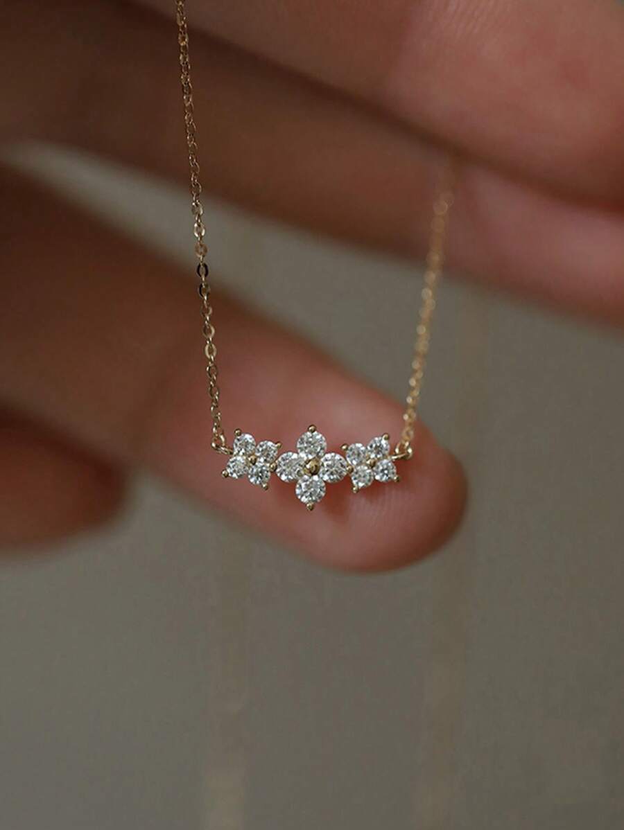 BALMORA 1pc Minimalist & Elegant S925 Sterling Silver & Rhinestone Clover & Flower Charms Gold-Tone Necklace For Women Gift Valentines - Gold - View 1