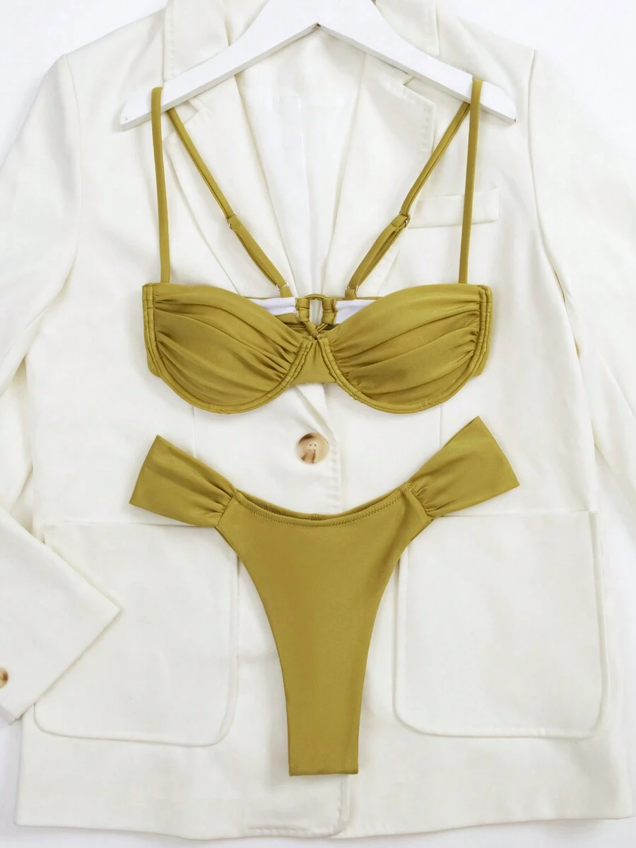 Solid Colour Women's Ruched Bikini Swimsuit - Mustard Yellow - View 1