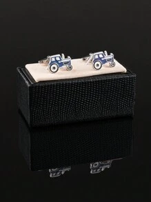 男士法式袖扣藍色拖拉機搪瓷金屬袖扣新品上市 - 藍色 - 查看 4