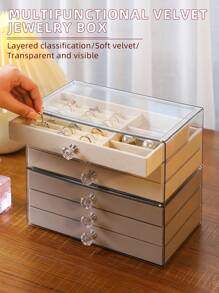 1pc Velvet Jewelry Box, 3 Layers Drawers Style For Storing Jewelry - Grey - View 6