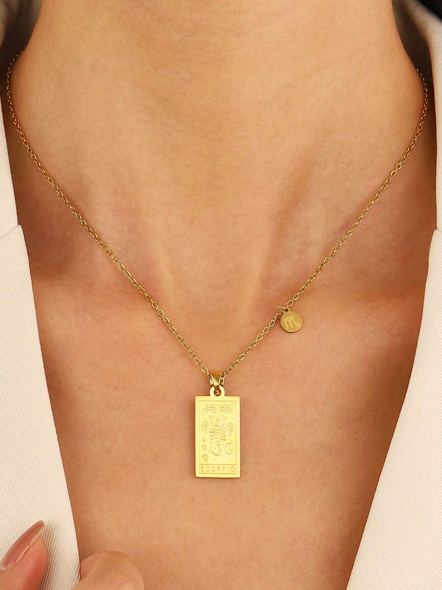 1個時尚簡約不銹鋼正方形12星座吊墜項鍊,適合女性日常佩戴 - 金黃色 - 查看 1