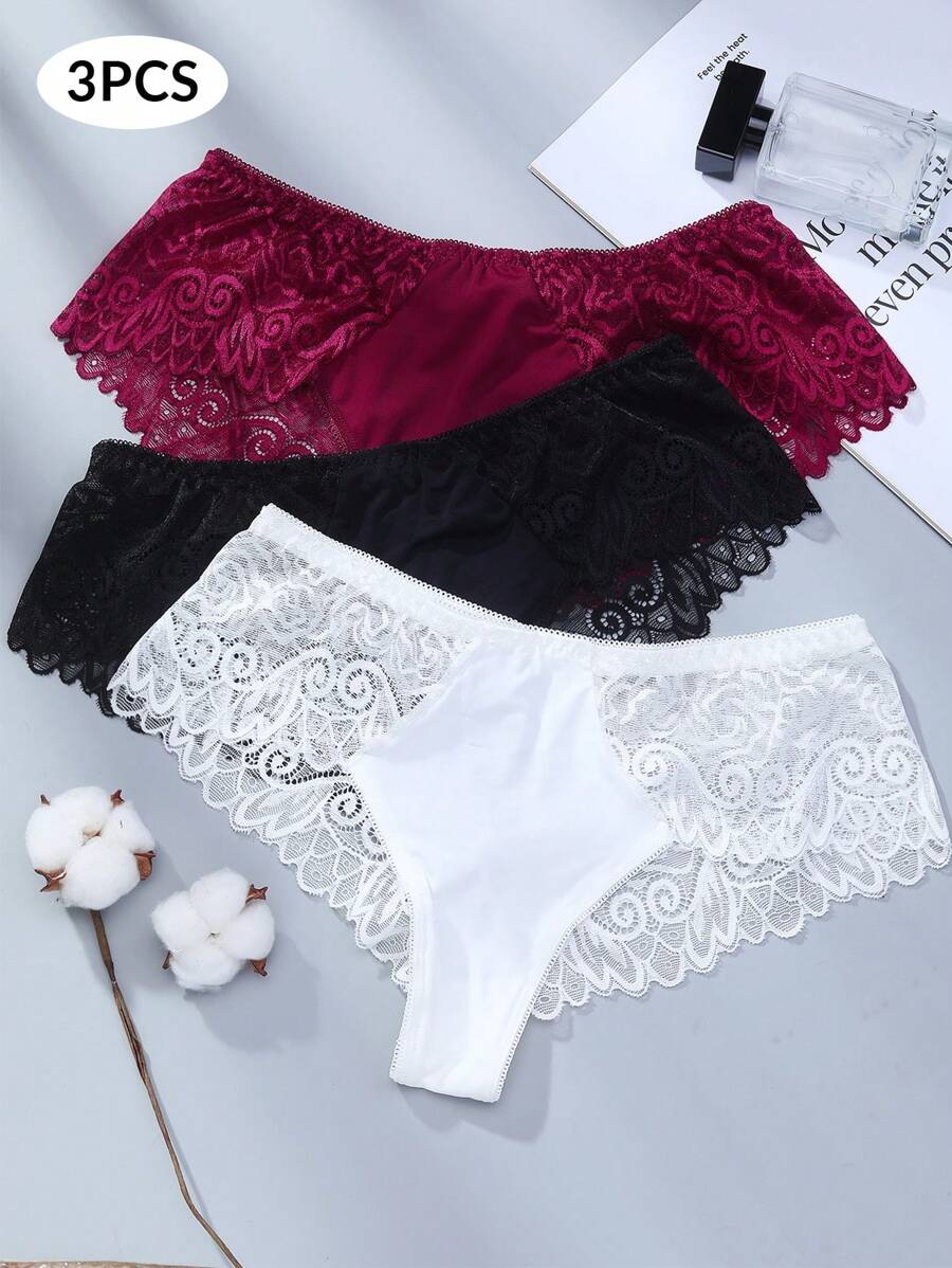 3 件套性感蕾丝三角裤内裤内衣 - 彩色 - 查看 1