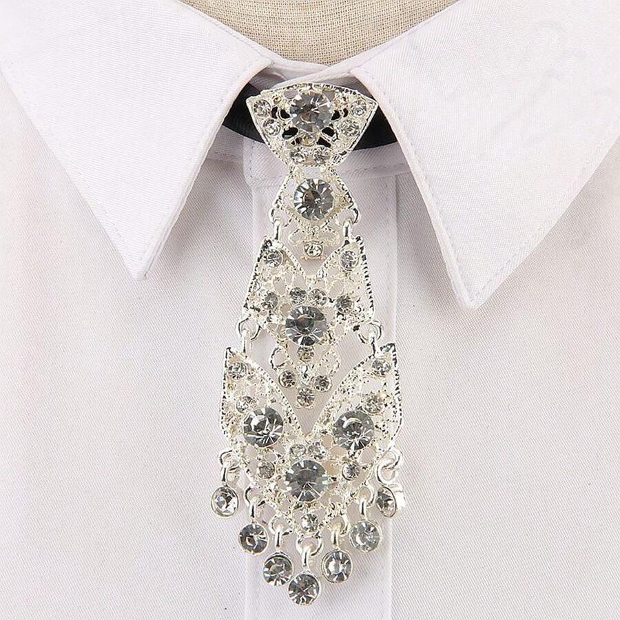 Fashionable Men's Diamond Inlay Metallic Skinny Tie Party Evening Stage Suit Accessory - White Diamond On Silver Background - View 1
