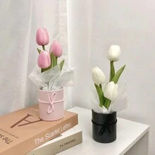 1入組鬱金香人造花束,附塑料桶、產品包裝紙和手提袋,適用於周年慶、情人節、生日和家居裝飾 - 粉色 - 查看 5