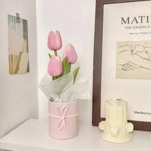 1入組鬱金香人造花束,附塑料桶、產品包裝紙和手提袋,適用於周年慶、情人節、生日和家居裝飾 - 粉色 - 查看 1