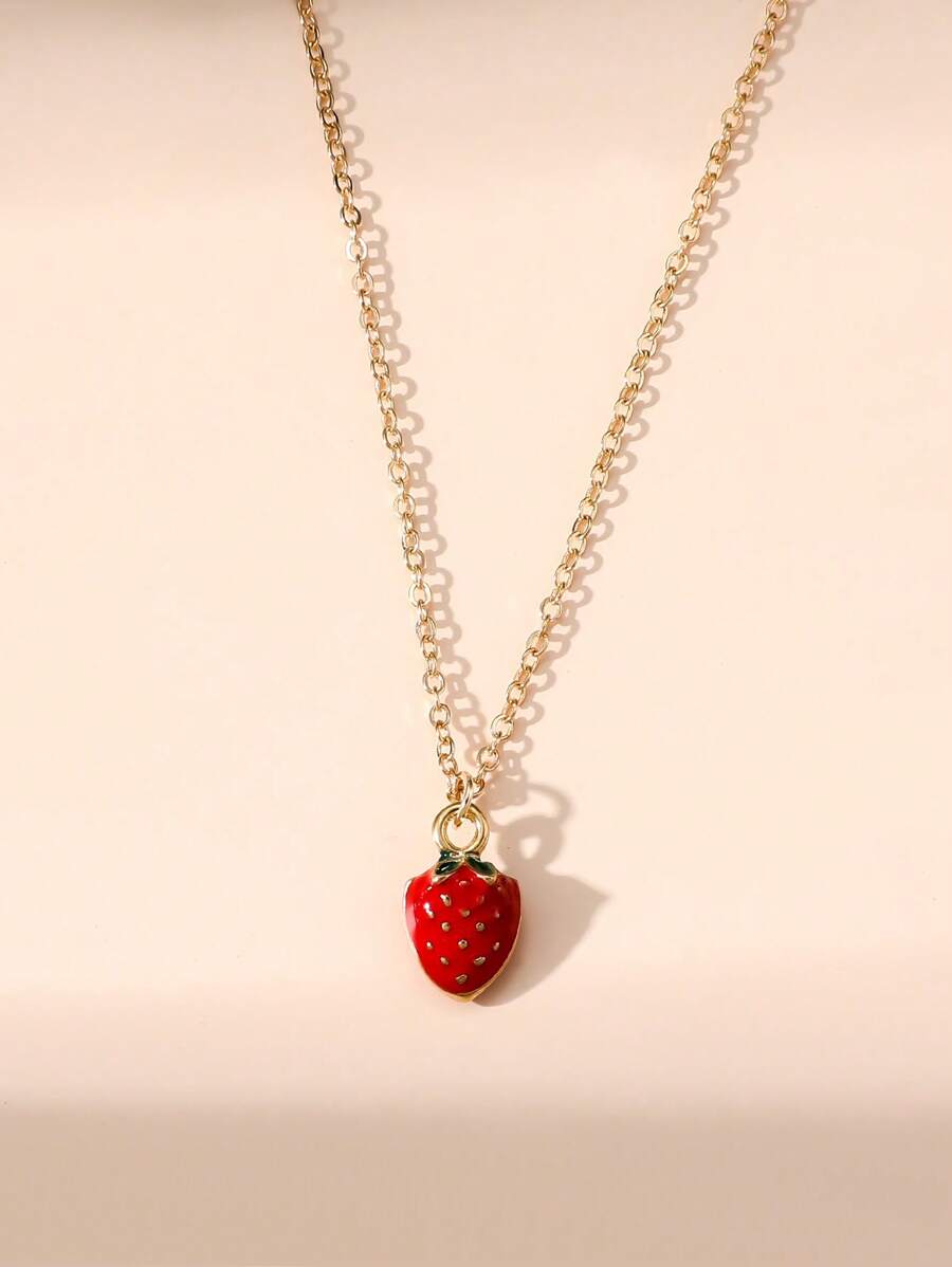 1件時尚可愛的紅色樹脂草莓吊墜項鍊,水果造型小飾品,適用於女性日常穿戴 - 彩色 - 查看 1