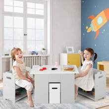 3-Piece Children's Seating Group Made Of Wood, 4 In 1 Children's Furniture Set With Several Shelves And Pull-Out Storage Box, Children's Table With 2 Chairs For Eating And Learning, For Children From 3 Years - 灰色 - 查看 3
