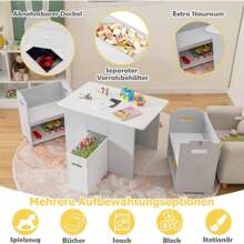 3-Piece Children's Seating Group Made Of Wood, 4 In 1 Children's Furniture Set With Several Shelves And Pull-Out Storage Box, Children's Table With 2 Chairs For Eating And Learning, For Children From 3 Years - 灰色 - 查看 4