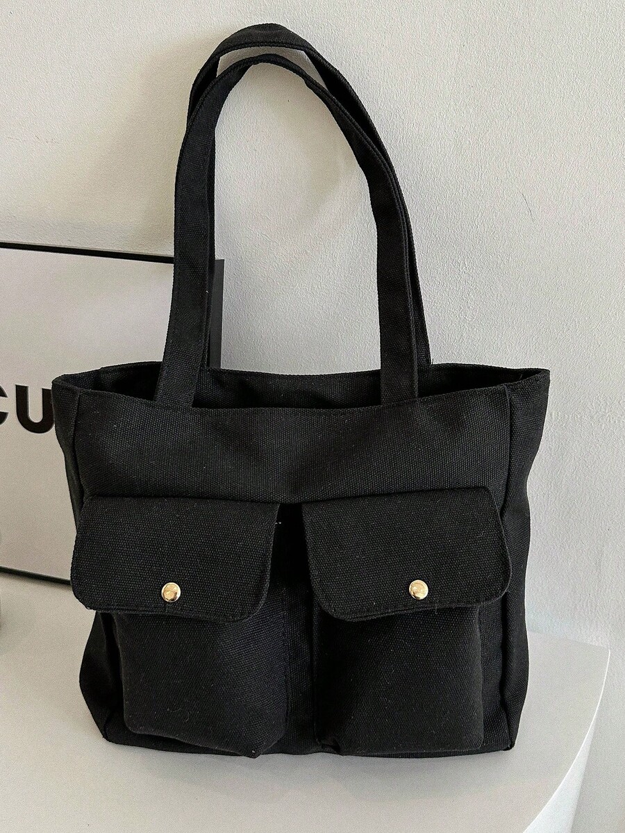 Canvas Tote Bag, Shoulder Bag, Casual Large Capacity Multi-Pocket Cloth Bag, Work Handbag - Black - View 1