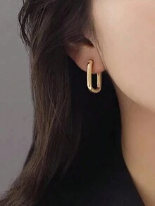 1pair Copper Geometric Design Glossy Rectangle Hoop Earrings, Vintage Style, Perfect For Date Gift - Yellow Gold - View 2