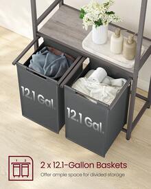 Laundry Basket, 2-Section Laundry Hamper With Pull-Out And Removable Liners, Clothes Rail, 2 X 12.1 Gallons, 28.7 X 13 X 69.7 Inches, Gray, Black - Grey - View 3