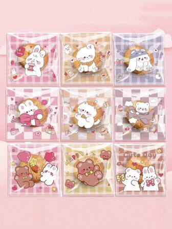 100pcs/Pack Assorted Transparent Cute Cartoon Nougat, Self-Adhesive Snowflake Cookie Packaging, Back To School, Children's Birthday Gift