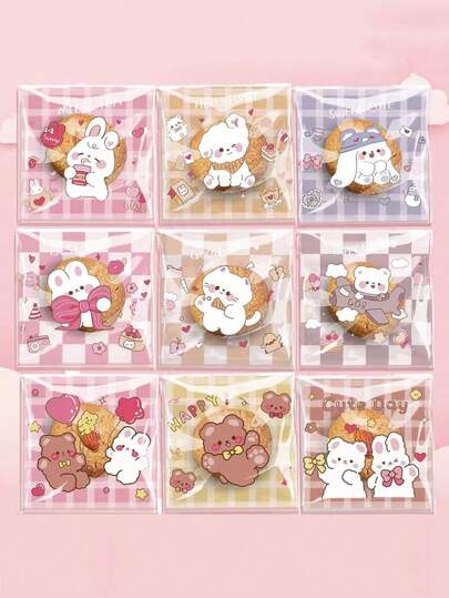 100 piezas/paquete Surtido de caramelos de nougat transparentes y lindos con diseños de dibujos animados, empaques autoadhesivos con copos de nieve para galletas, de vuelta a la escuela, regalo de cumpleaños para niños