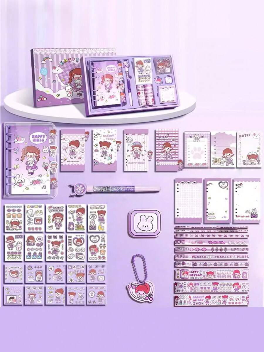 帶禮盒的筆記本套裝,可愛的箝子封面筆記本,適用於兒童、青少年、學生、女孩的文具套裝,生日和節日禮物 - 紫色 - 查看 1