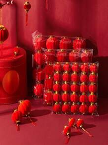 30pcs Plush Mini Lantern String Decoration For Bonsai, Wedding, Festivals. Chinese Knot & Lanterns Hang On Tree Tips. - Red - View 3