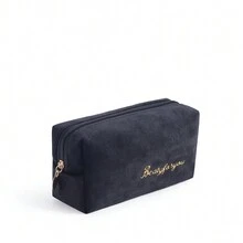 1pc Ins Style Large Capacity Flannel Cosmetic Bag Portable Handheld Toiletry Bag Women Travel Waterproof Storage Organizer - Black - View 1