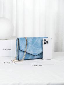 1pc Fashionable Ladies' Blue Denim Shoulder Bag With Metal Chain Strap, Perfect For Daily Use And Dating Gift - Mint Blue - View 3