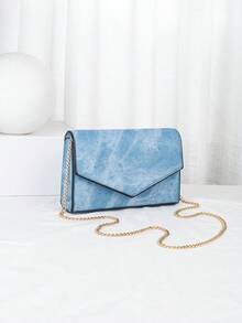1pc Fashionable Ladies' Blue Denim Shoulder Bag With Metal Chain Strap, Perfect For Daily Use And Dating Gift - Mint Blue - View 4