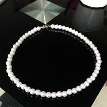 1pc Beaded Single Layer Faux Pearl Necklace For Women, Short Versatile Dress Necklace Jewelry