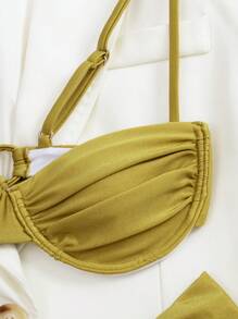 Solid Colour Women's Ruched Bikini Swimsuit - Mustard Yellow - View 4