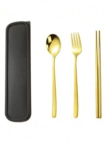 3 Pieces Stainless Steel Flatware Set Portable Reusable Cutlery Set Travel Utensils Set Including Chopsticks Fork Spoon Storage Box - Gold - View 6