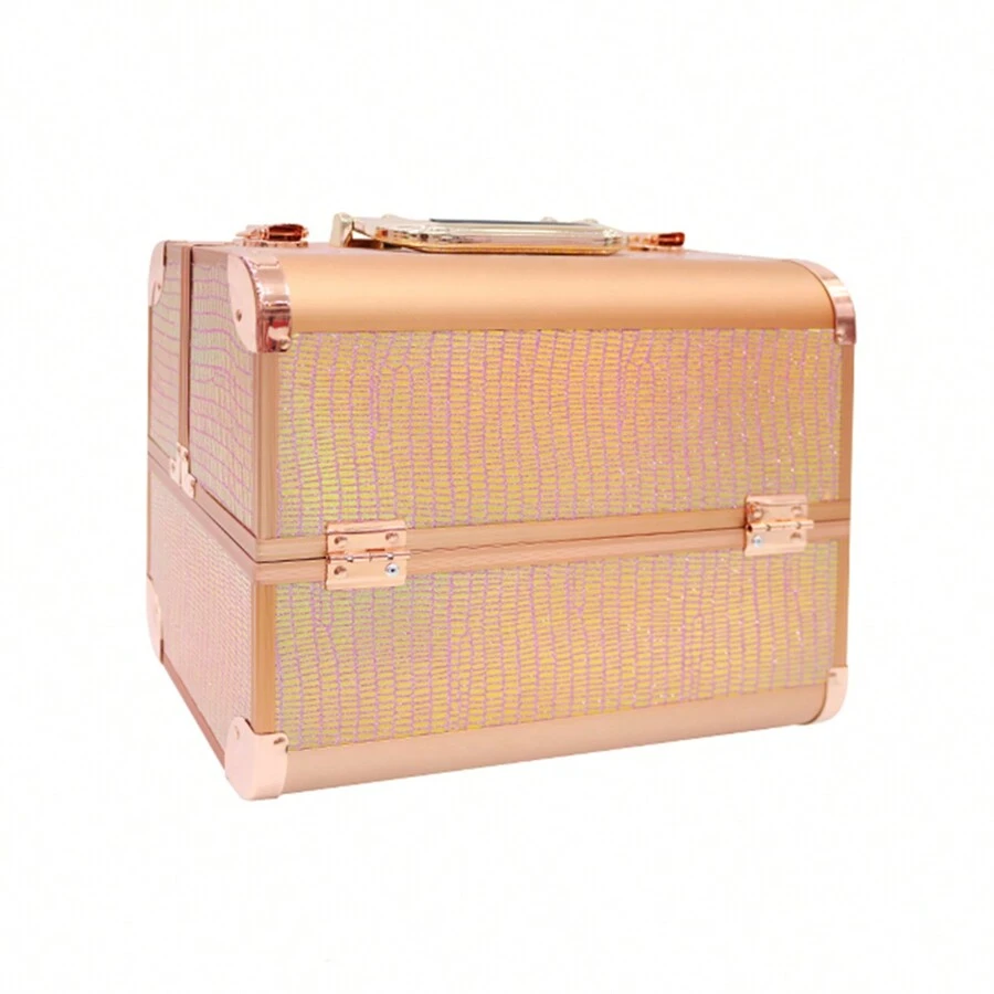 Maleta de maquillaje portátil, caja organizadora, estuche de tocador cosmético, estuche de tren de maquillaje - Dorado - Ver 1
