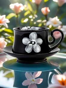 1套290毫升陶瓷咖啡杯和茶杯套裝,男女通用 - 黑色 - 查看 3