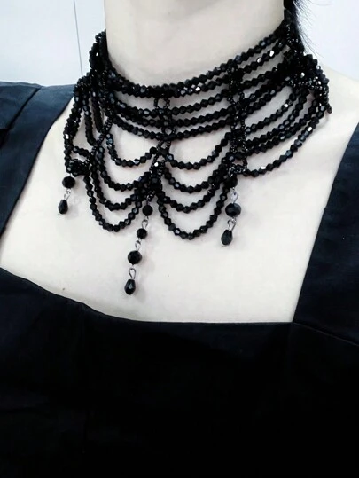 Yanxyad Black Punk Premium Gothic Exaggerated Necklace Baroque Crystal Vintage Necklace Multi-Layered Beaded Collarbone Chain For Women