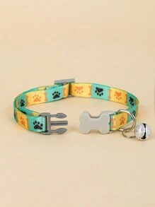 1pc Pet Bone Shaped Printed Nylon Collar With Buckle, Bell & Paw Print Pattern, Double-Sided Printed, For Small Dogs And Cats