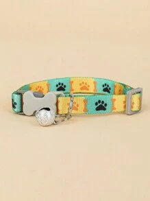 1pc Pet Bone Shaped Printed Nylon Collar With Buckle, Bell & Paw Print Pattern, Double-Sided Printed, For Small Dogs And Cats