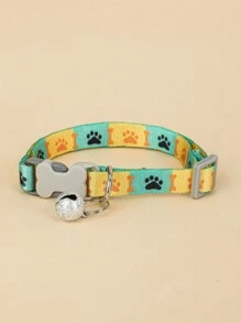 1pc Pet Bone Shaped Printed Nylon Collar With Buckle, Bell & Paw Print Pattern, Double-Sided Printed, For Small Dogs And Cats