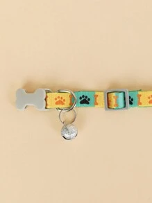 1pc Pet Bone Shaped Printed Nylon Collar With Buckle, Bell & Paw Print Pattern, Double-Sided Printed, For Small Dogs And Cats