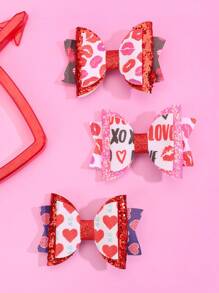 3入組情人節紅色愛心印花髮夾,配蝴蝶結適用於兒童 - 彩色 - 查看 1