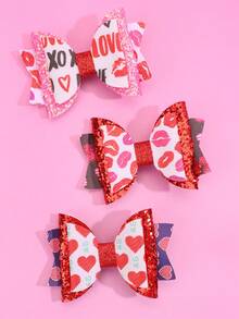 3入組情人節紅色愛心印花髮夾,配蝴蝶結適用於兒童 - 彩色 - 查看 4