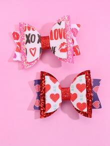 3入組情人節紅色愛心印花髮夾,配蝴蝶結適用於兒童 - 彩色 - 查看 3