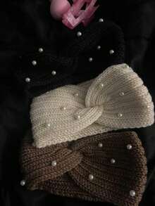 1入組休閒灰色針織頭帶,冬季女士頭帶捆綁針織頭帶頭巾,高档柔軟寬頭巾,編織交叉頭巾飾有鑽石,時尚珍珠裝飾的髮飾 - 咖色[珍珠款] - 查看 4