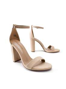 Women Chunky High Heeled Sandals, Fashionable Solid Color Ankle Strap Open Toe Party Dance Heels - 杏色/牛巴革 - 查看 7
