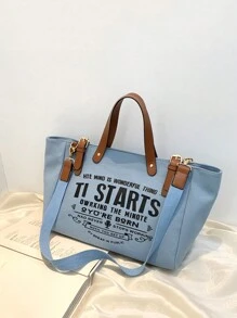 Yogodlns 女士可重複使用字母印花手提袋,帆布休閒肩袋,大容量學校雜貨購物袋,超大加厚手提包,女士包袋,帆布行李袋,旅行包,肩袋 - 藍色 - 查看 9