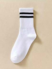 6 đôi tất cổ cao có sọc đôi, tất dài đến bắp chân, màu trơn, thoáng khí, thời trang thu đông mới - trắng - Xem 3