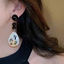 1對925純銀針滴形滴油形葉子耳墜,復古風格,秋冬,優雅時尚女士日常佩戴與節日禮物 - 黑色 - 查看 3