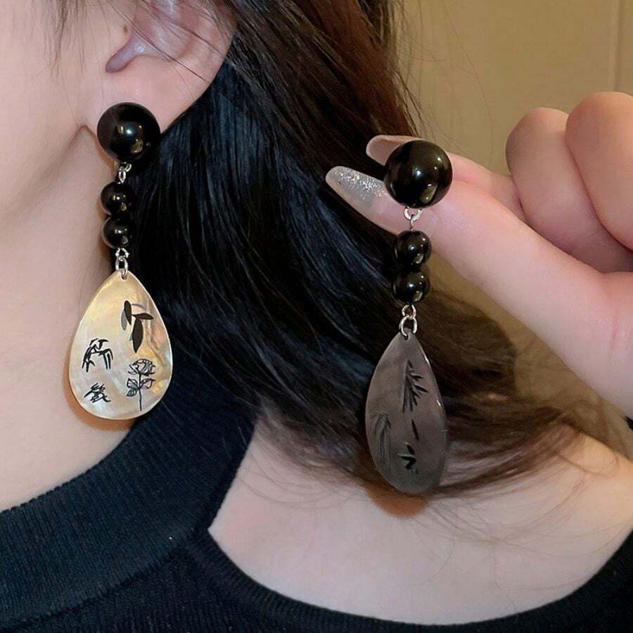 1對925純銀針滴形滴油形葉子耳墜,復古風格,秋冬,優雅時尚女士日常佩戴與節日禮物 - 黑色 - 查看 1