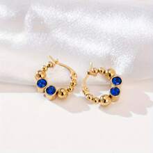 1pair Stainless Steel 18k Gold Plated Delicate Round Bead With Diamond Detail Dainty Earrings For Women, Suitable For Daily Wear - Blue - View 12