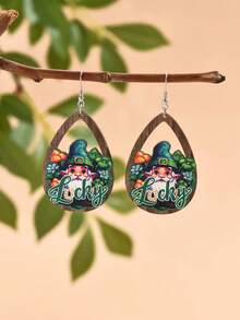 1 對歐美風格聖派翠克節四葉草和蝴蝶結形狀耳環帶鏤空水滴形帽子、老人和肖像木吊墜、節日禮物、派對耳環 - 彩色 - 查看 5