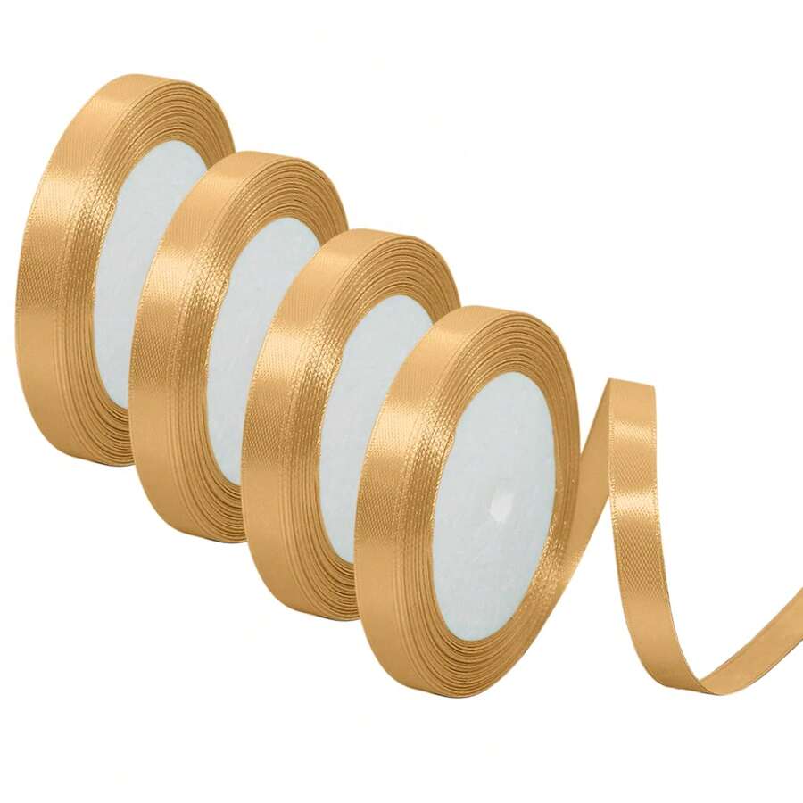 金色緞帶,4捲220*1cm織物禮品包裝緞帶,適用於禮品包裝,婚禮,派對,生日派對,diy婚禮 - 金色 - 查看 1