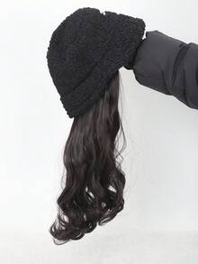 Synthetic Long Wavy Wig With Hat Autumn Winter Lamb Knitted Bucket Hat Wigs For Woman Girl - Black - View 6
