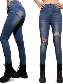Pantalón jeans Azul rasgado de mezclilla estilo skinny para mujer - Azul - Ver 1