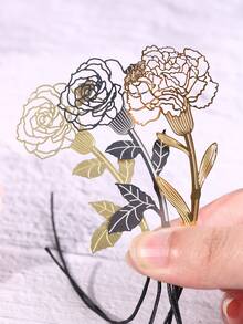 3入組金屬玫瑰和康乃馨設計中空書籤 - 銅色 - 查看 5